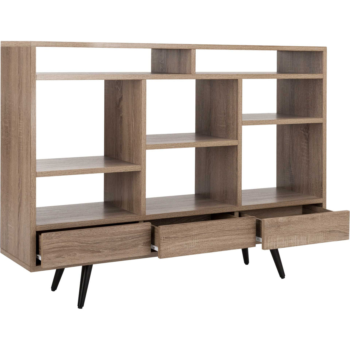 Three open drawers reveal storage beneath the asymmetrical shelves