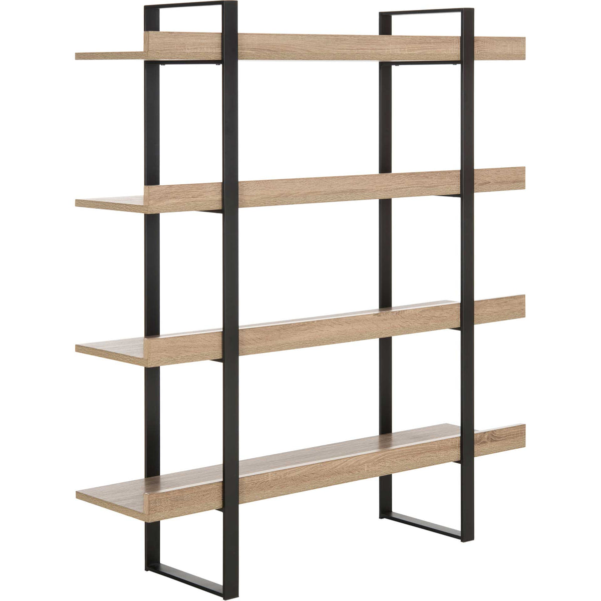 Wood-look shelves and geometric black iron supports create a sculptural display for favorite objects.