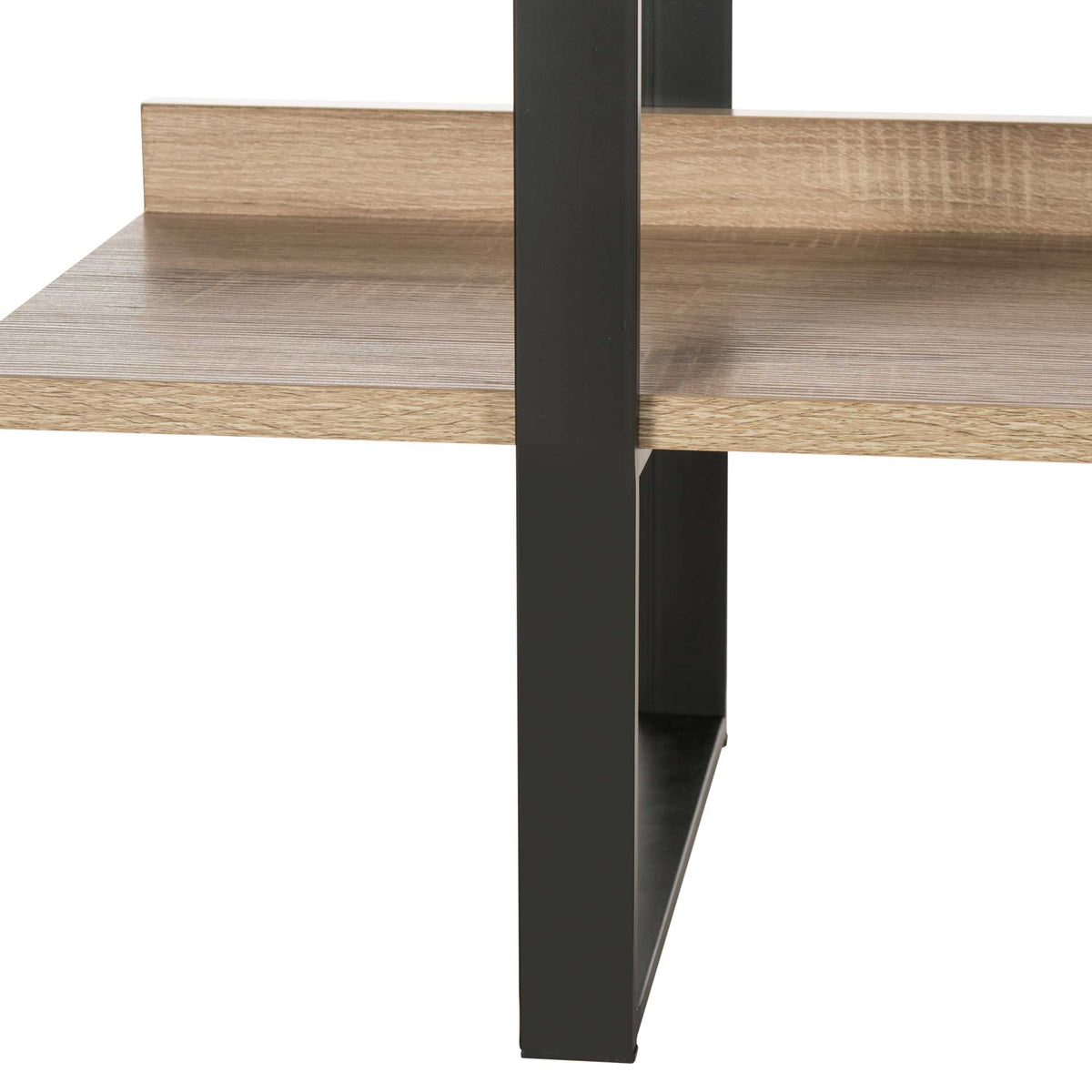 A black metal floor frame meets a wood-grain shelf with a raised back rail.