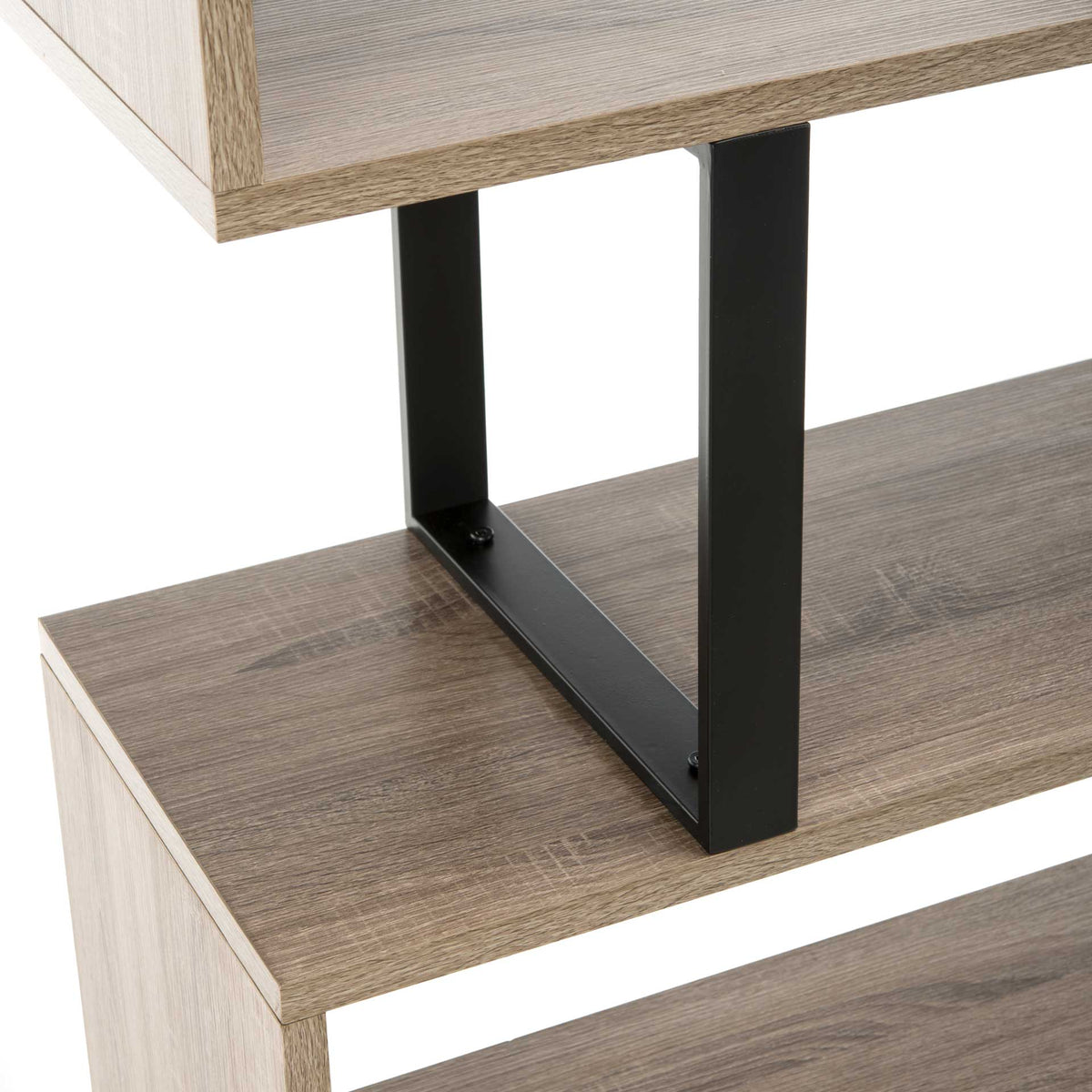 A black metal support connects the woodgrain shelves for striking material contrast.