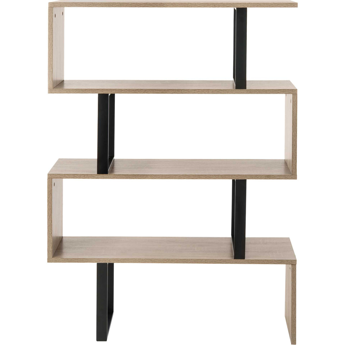 Open light brown shelves and black metal uprights create a bold, staggered silhouette. || FOX4283A || front_studio