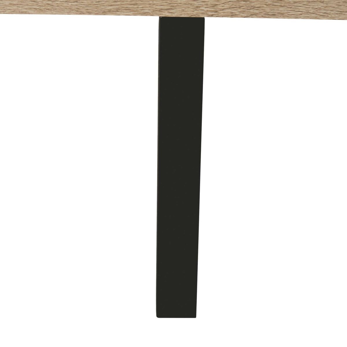 A slim black metal leg complements the warm woodgrain shelving above.