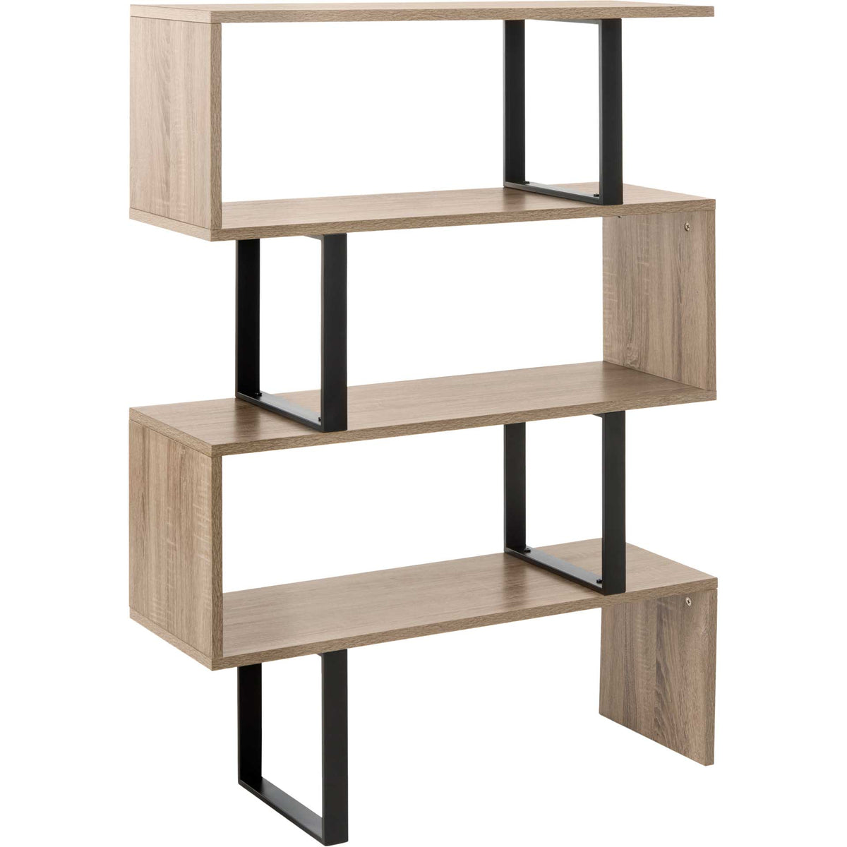 Warm oak-look shelves step around black iron supports in an airy geometric design. || FOX4283A || front_angle_studio