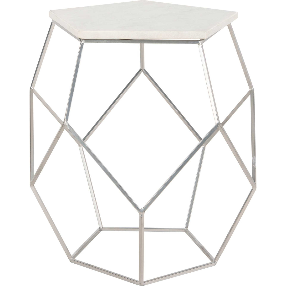 A pentagonal marble top rests on an airy, faceted silver metal base. || FOX4515A || front_studio