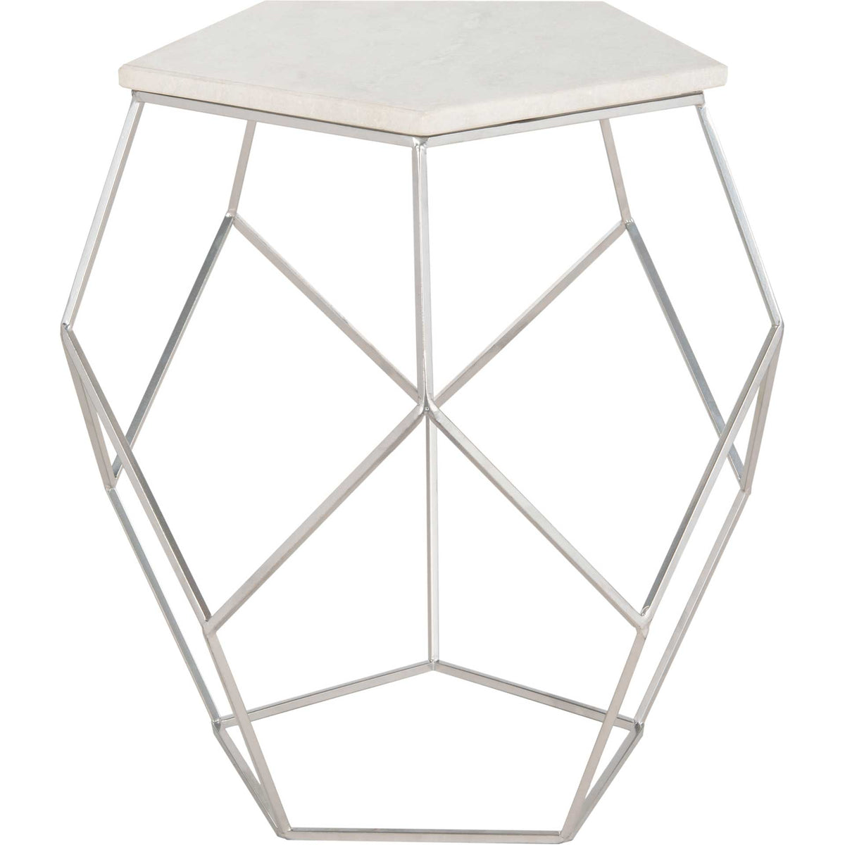 Slender silver metal rods crisscross beneath a smooth, pale marble tabletop. || FOX4515A || side_studio