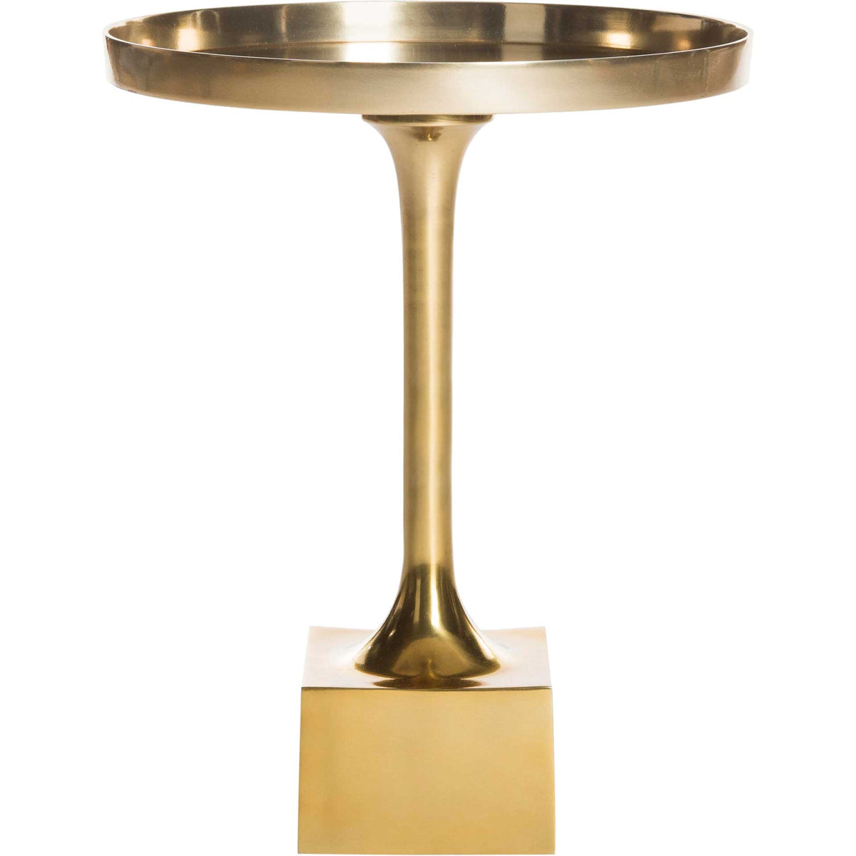 An antique brass finish lends a warm glow to the tray-style top and sculptural pedestal. || FOX5519A || front_studio