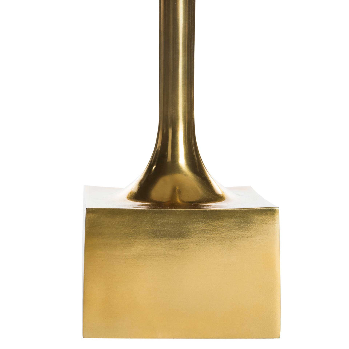 A graceful flared stem joins a substantial square base in warm antique brass.