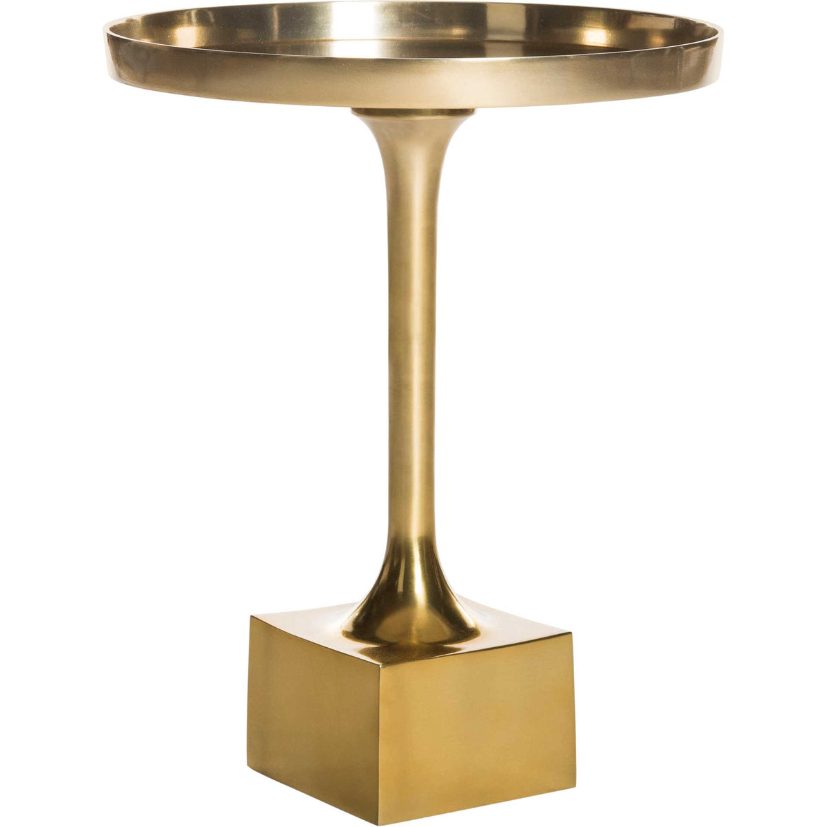 A round, raised-edge tabletop sits on a slender brass-finished stem and square base. || FOX5519A || side_studio