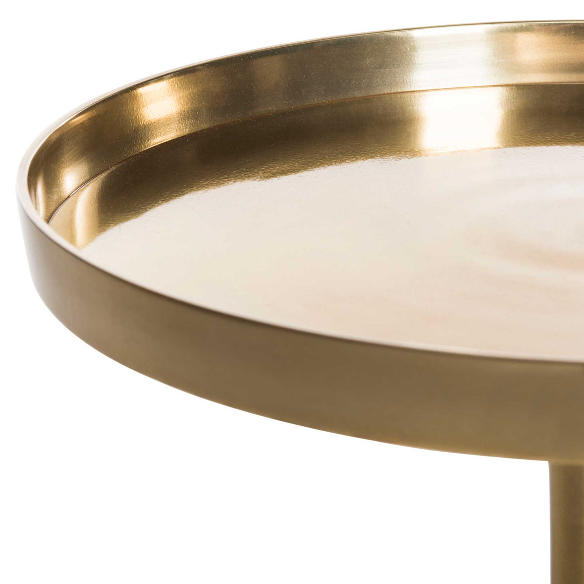 A lustrous circular tabletop is framed by a gently raised rim.