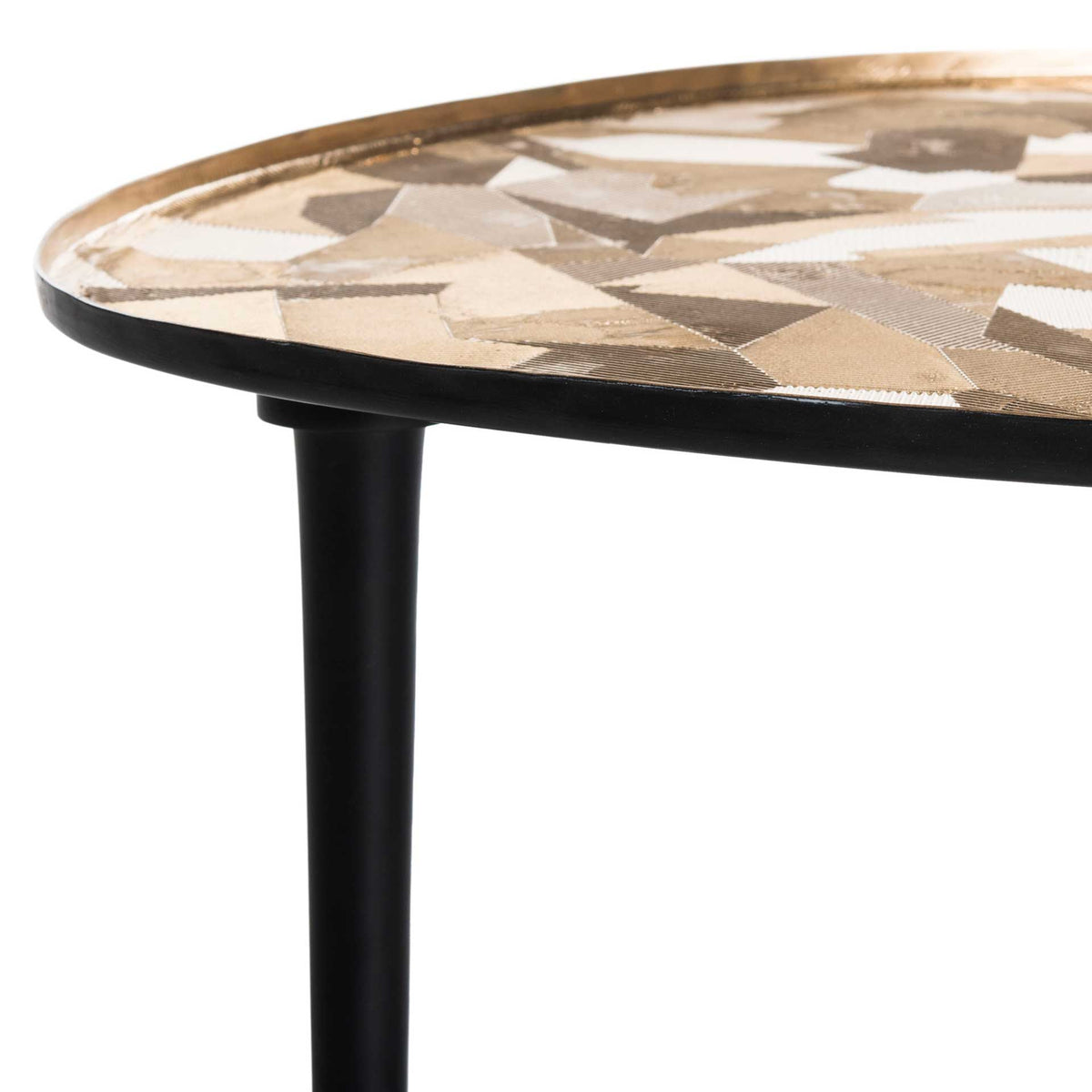 Taupe and cream geometric tabletop with a raised rim above a sleek black leg