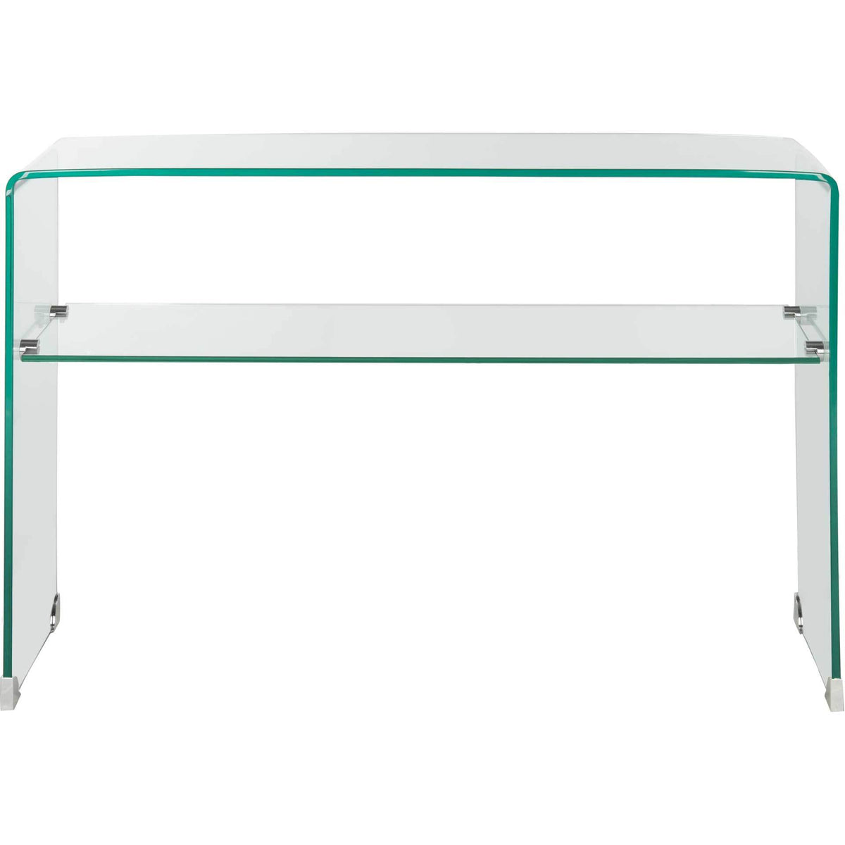 Minimalist clear glass console table with gently curved corners and a suspended display shelf || FOX6013A || front_studio