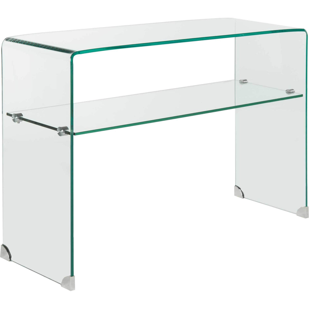 Sculptural clear glass console table with curved waterfall sides and an open glass shelf || FOX6013A || front_angle_studio