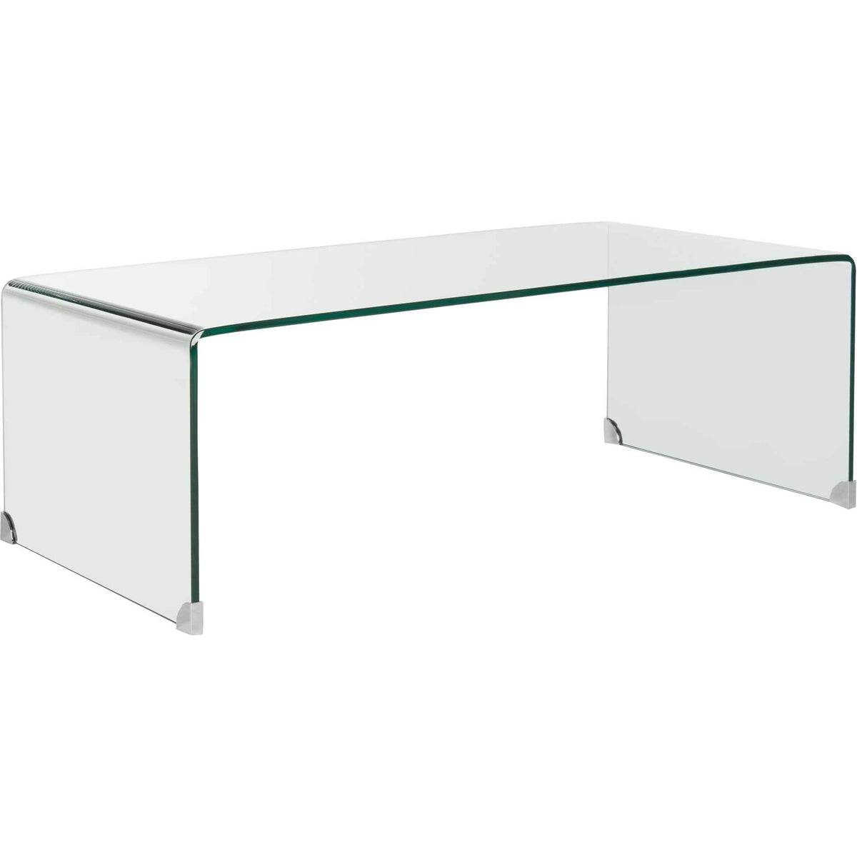 Clear glass coffee table with a sleek top and curved waterfall sides || FOX6014A || front_angle_studio