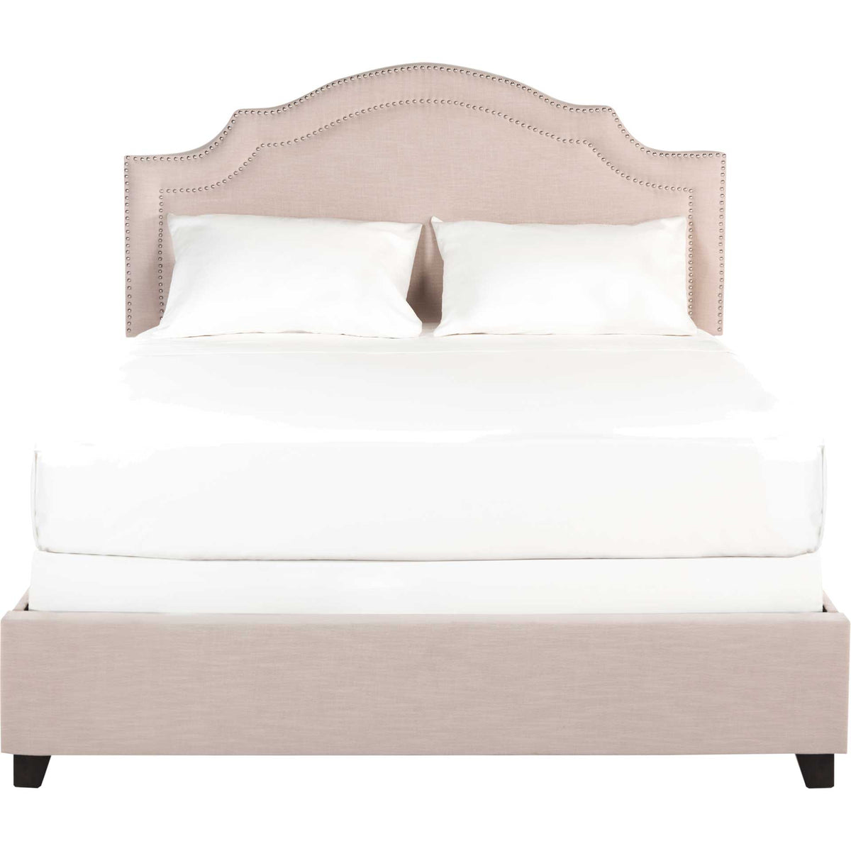 Light beige linen bed with a scalloped headboard and silver nailhead trim || FOX6211B-Q || front_studio