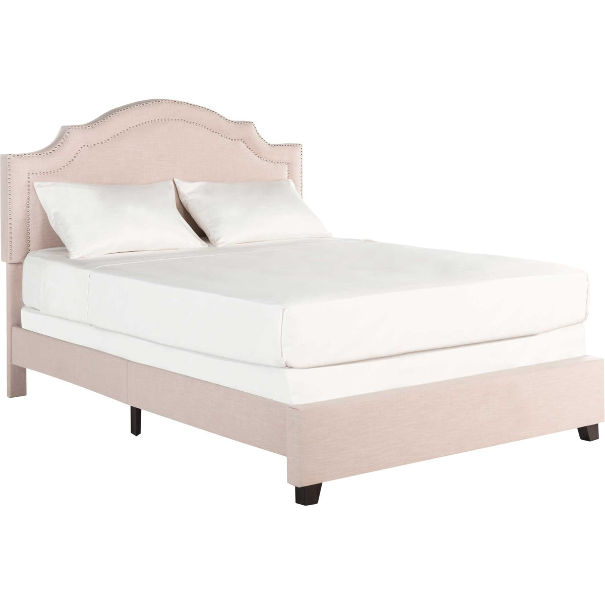 Light beige upholstered bed with a sculpted headboard, tailored rails, and dark wood feet || FOX6211B-Q || front_angle_studio
