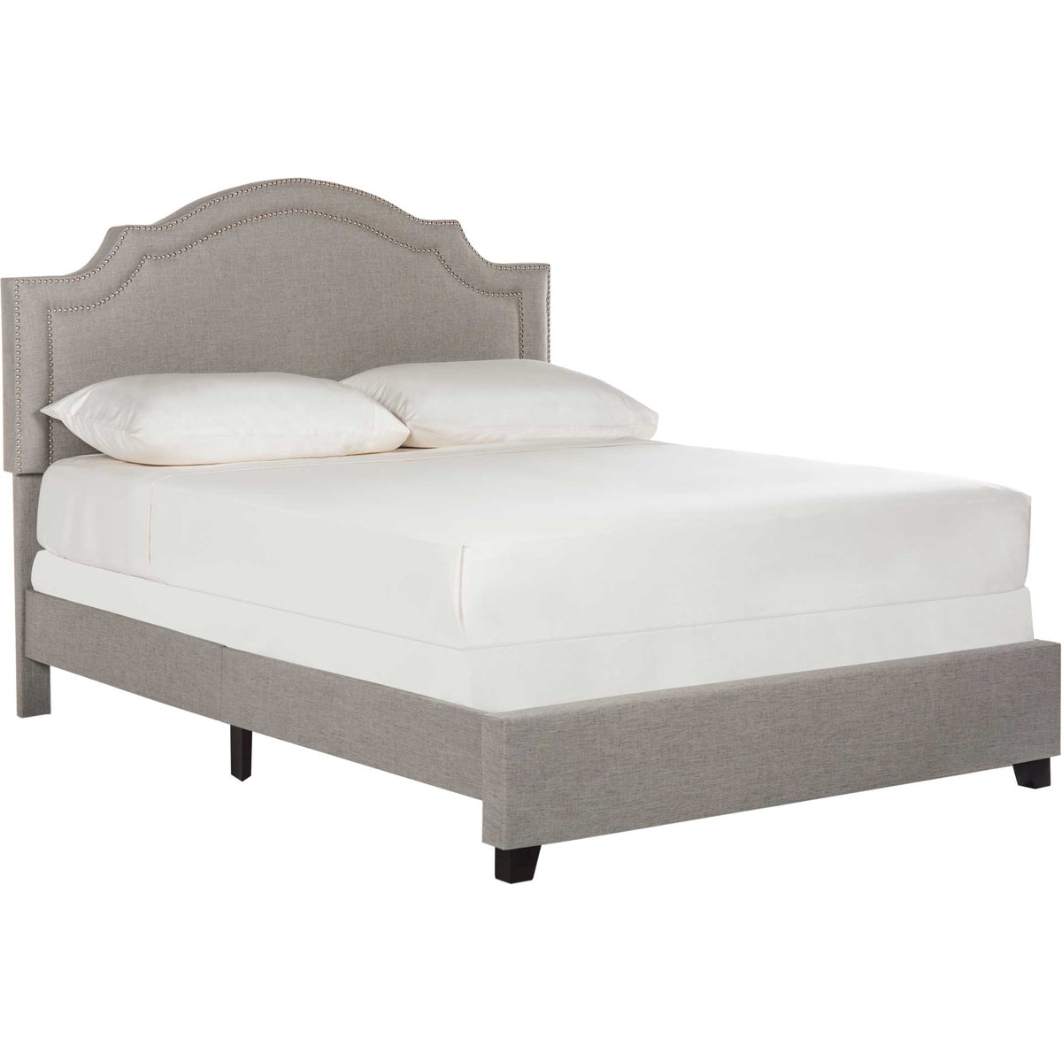 Light gray linen bed with a sweeping headboard, upholstered rails, and dark wood feet || FOX6211C-Q || front_angle_studio