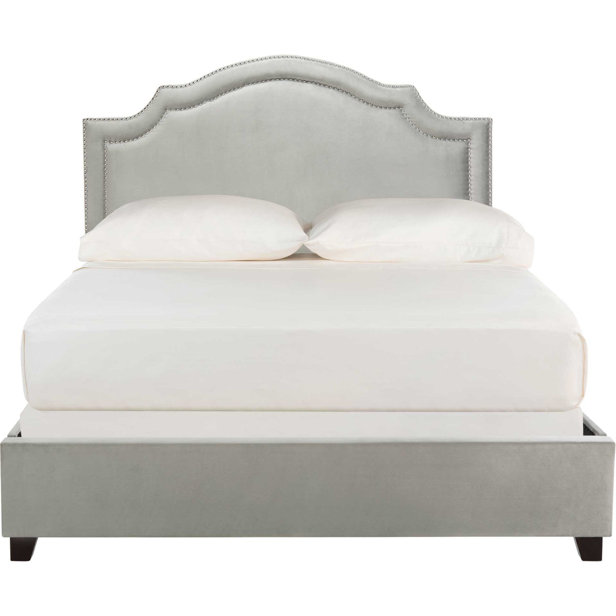 Gray velvet bed with a scalloped headboard, silver nailheads, and upholstered footboard || FOX6211F-Q || front_studio