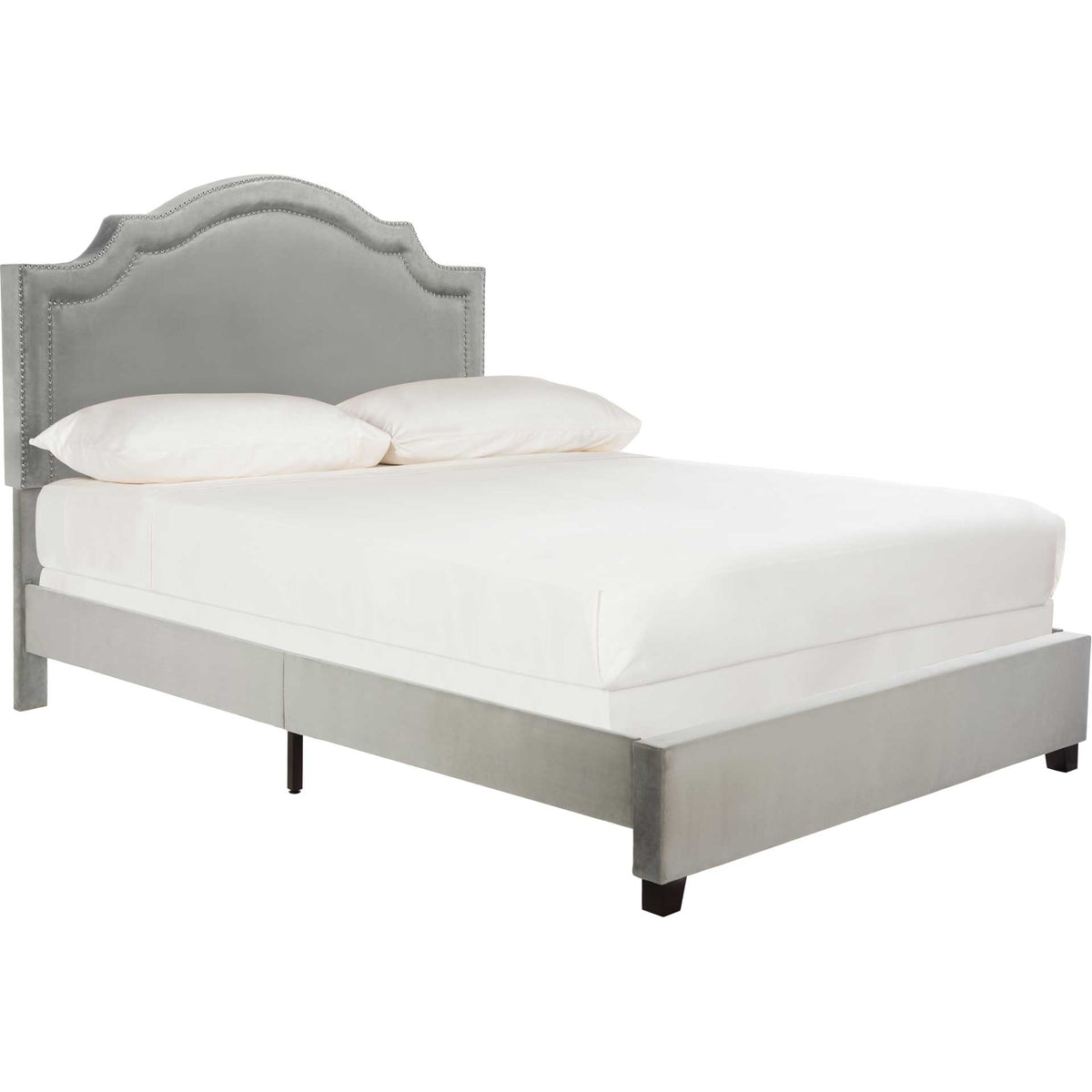 Gray velvet bed with a gracefully curved headboard and dark espresso wood feet || FOX6211F-Q || front_angle_studio