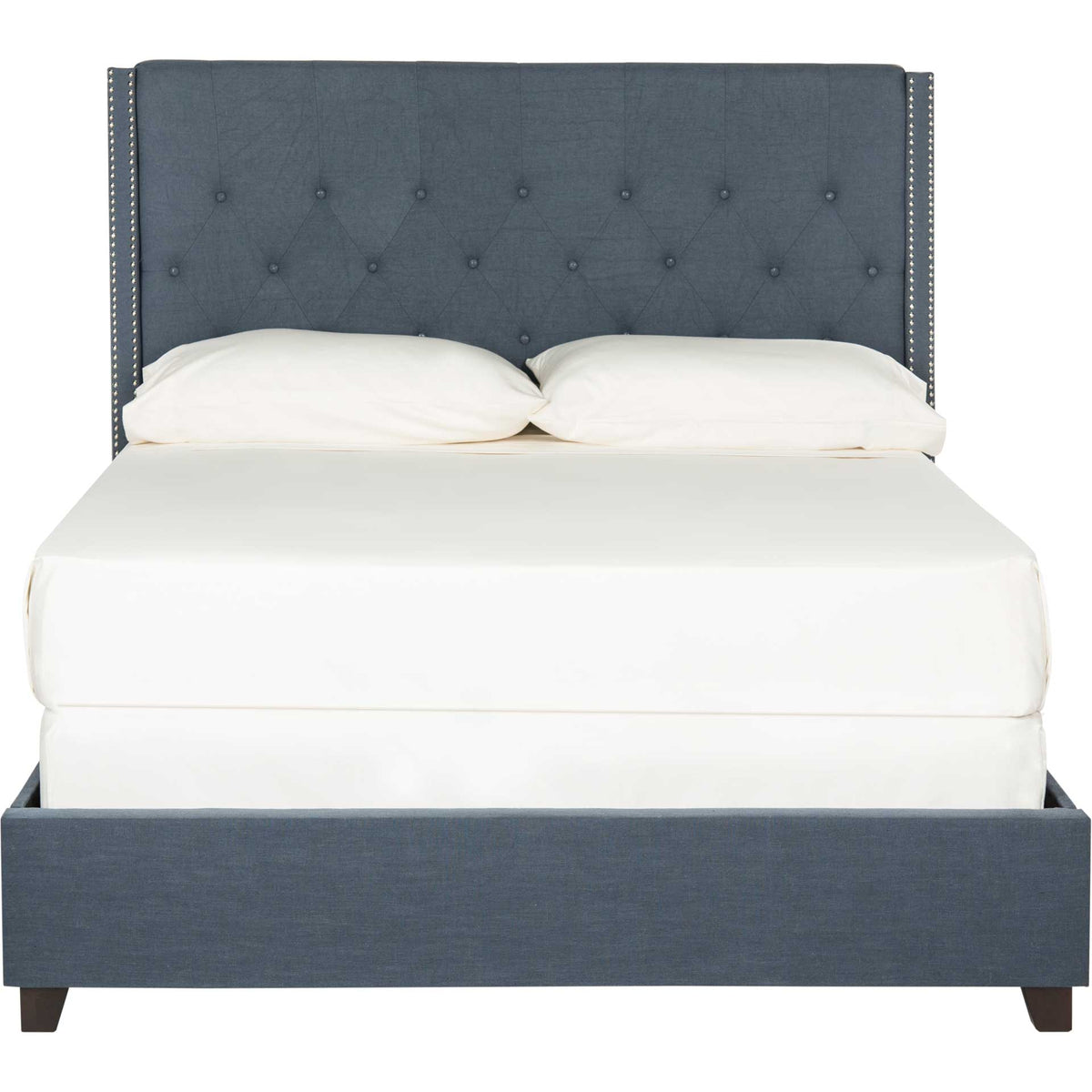 A broad navy button-tufted headboard complements the clean lines of the upholstered bed frame. || FOX6212C-Q || front_studio