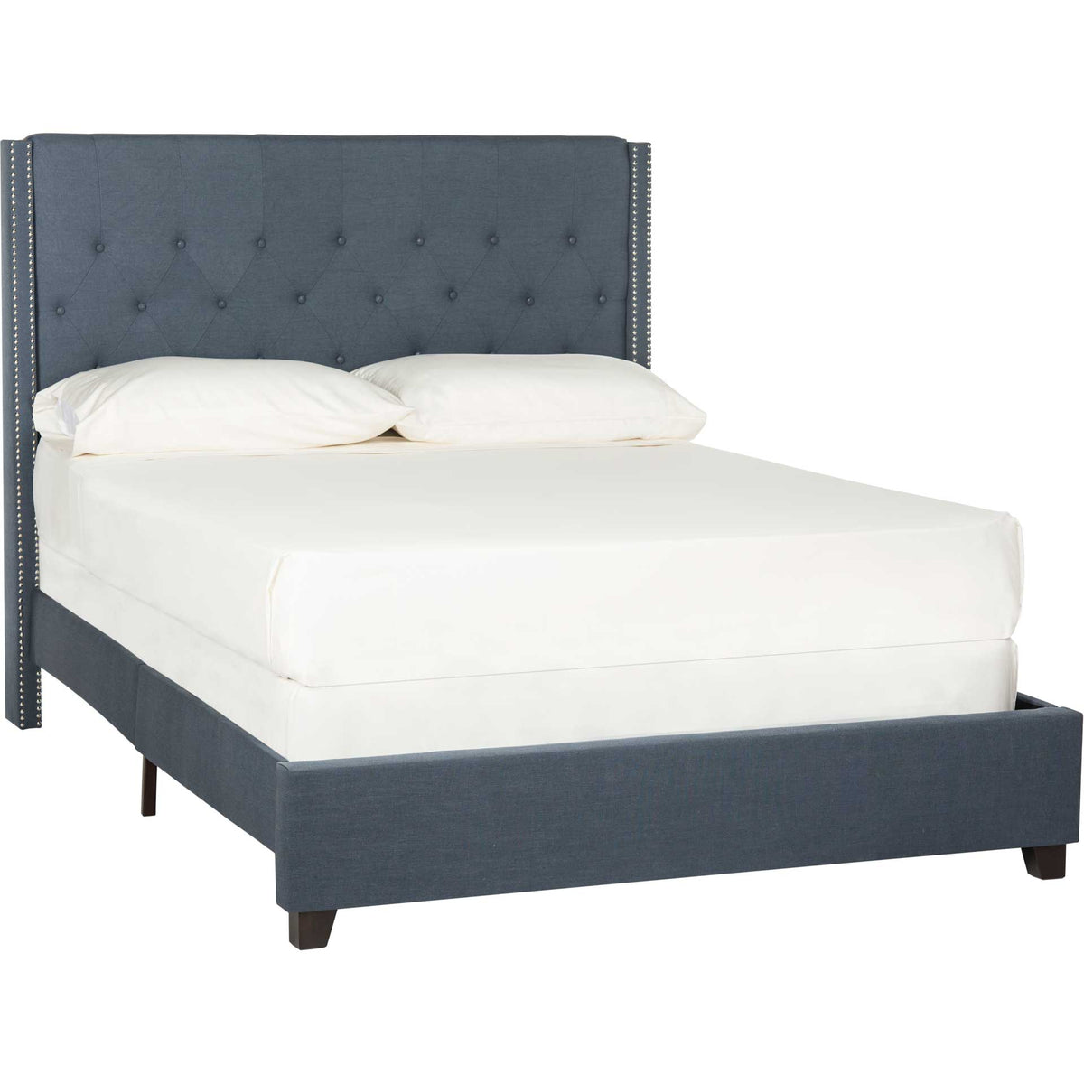 Navy linen upholstery, button tufting, and silver nailheads lend classic polish to this bed. || FOX6212C-Q || front_angle_studio