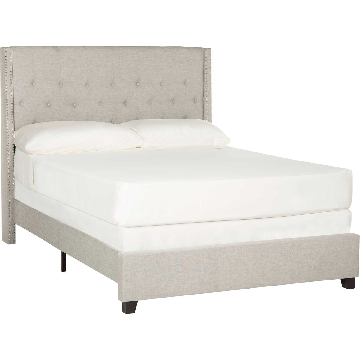 Light gray linen upholstery, a tufted headboard, and silver nailhead trim give this bed a tailored look. || FOX6212D-Q || front_angle_studio