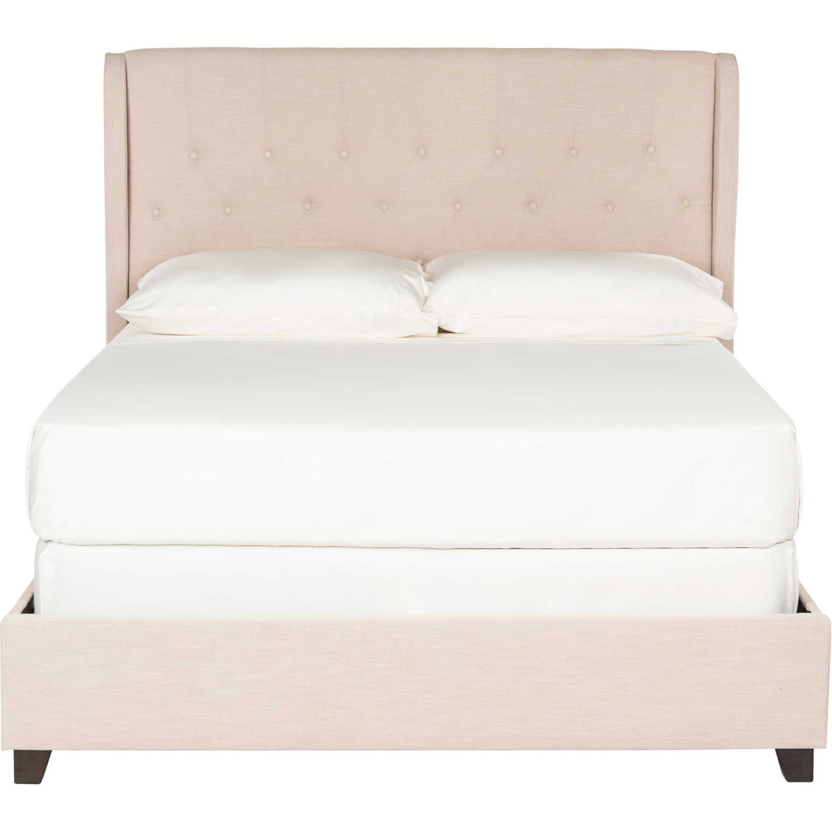 A tailored beige linen footboard complements the tall, button-tufted wingback headboard. || FOX6213A-Q || front_studio