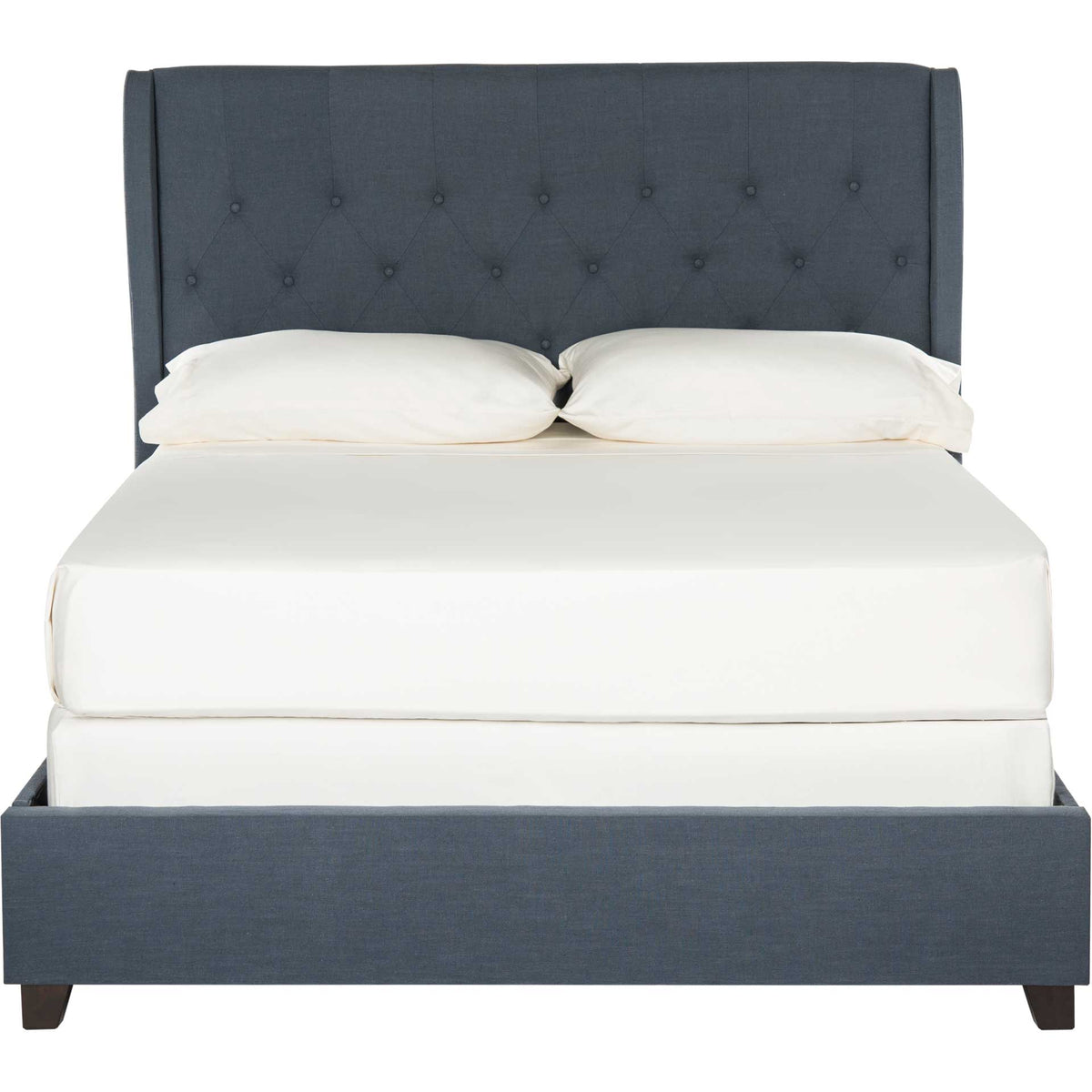 A tall, button-tufted navy headboard rises above the clean-lined upholstered footboard. || FOX6213B-Q || front_studio