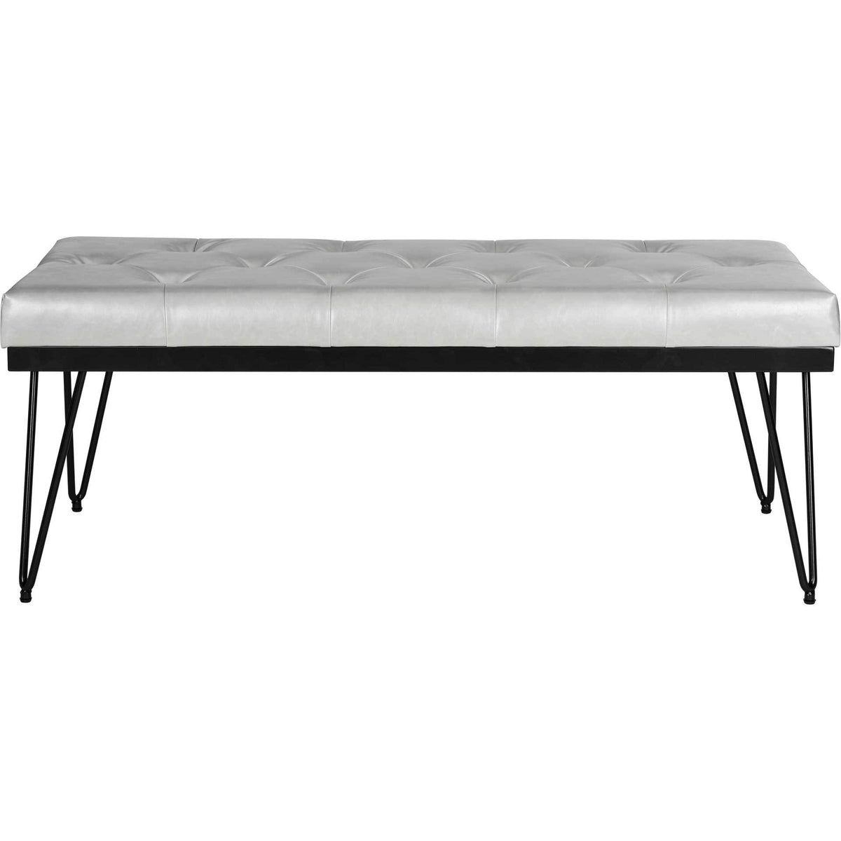 Tufted gray faux leather bench contrasts a cushioned seat with slender black metal legs. || FOX6224A || front_studio