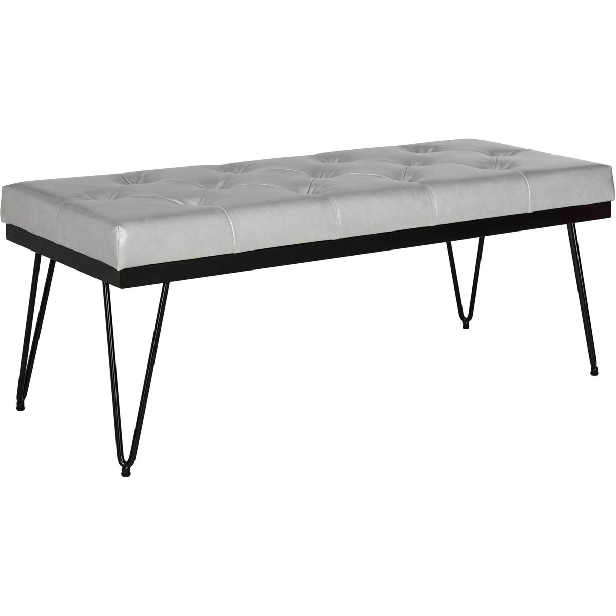 Gray faux leather bench combines tailored tufting with a black frame and sculptural hairpin legs. || FOX6224A || front_angle_studio