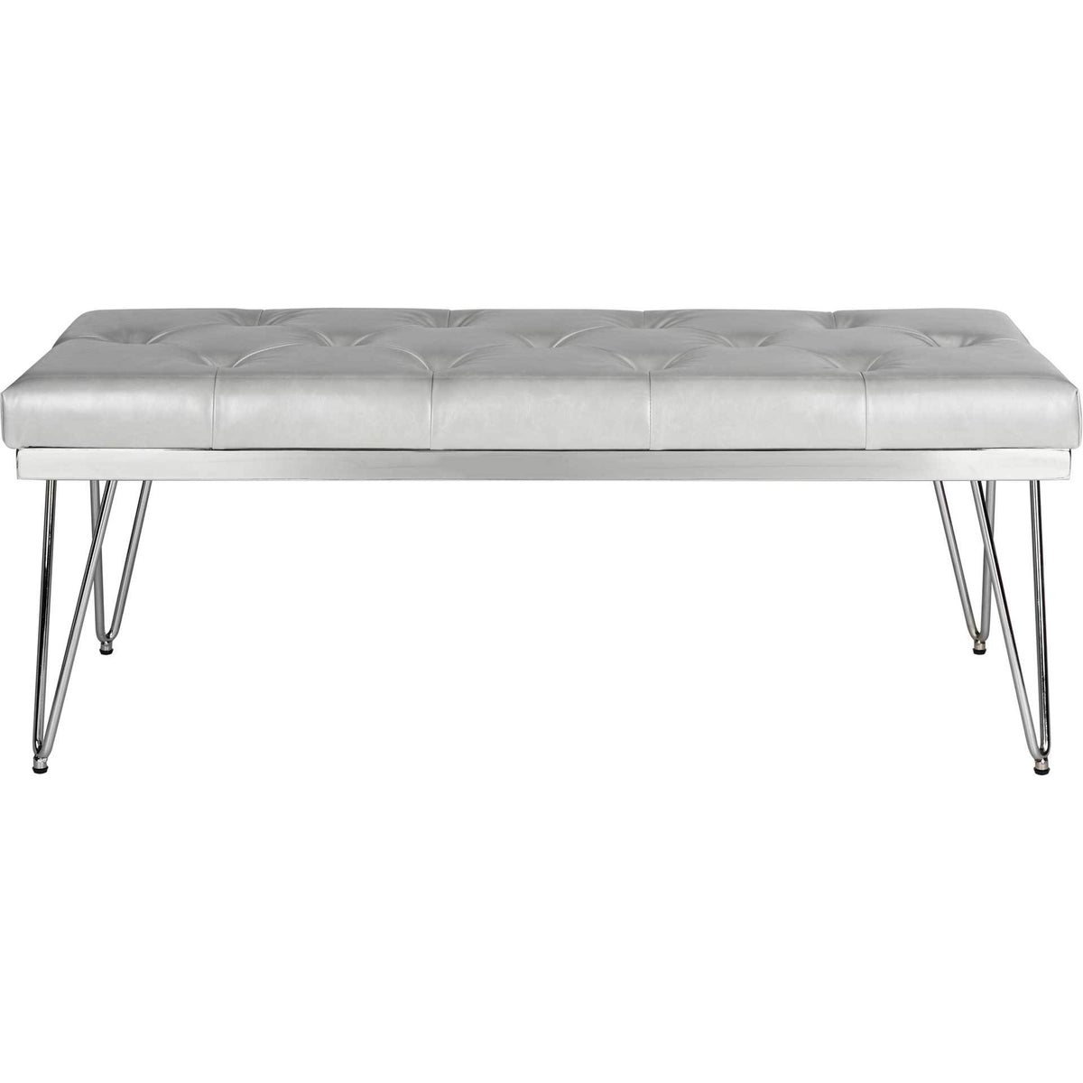 Button-tufted gray faux leather bench rests on a bright chrome base and delicate metal legs. || FOX6224B || front_studio