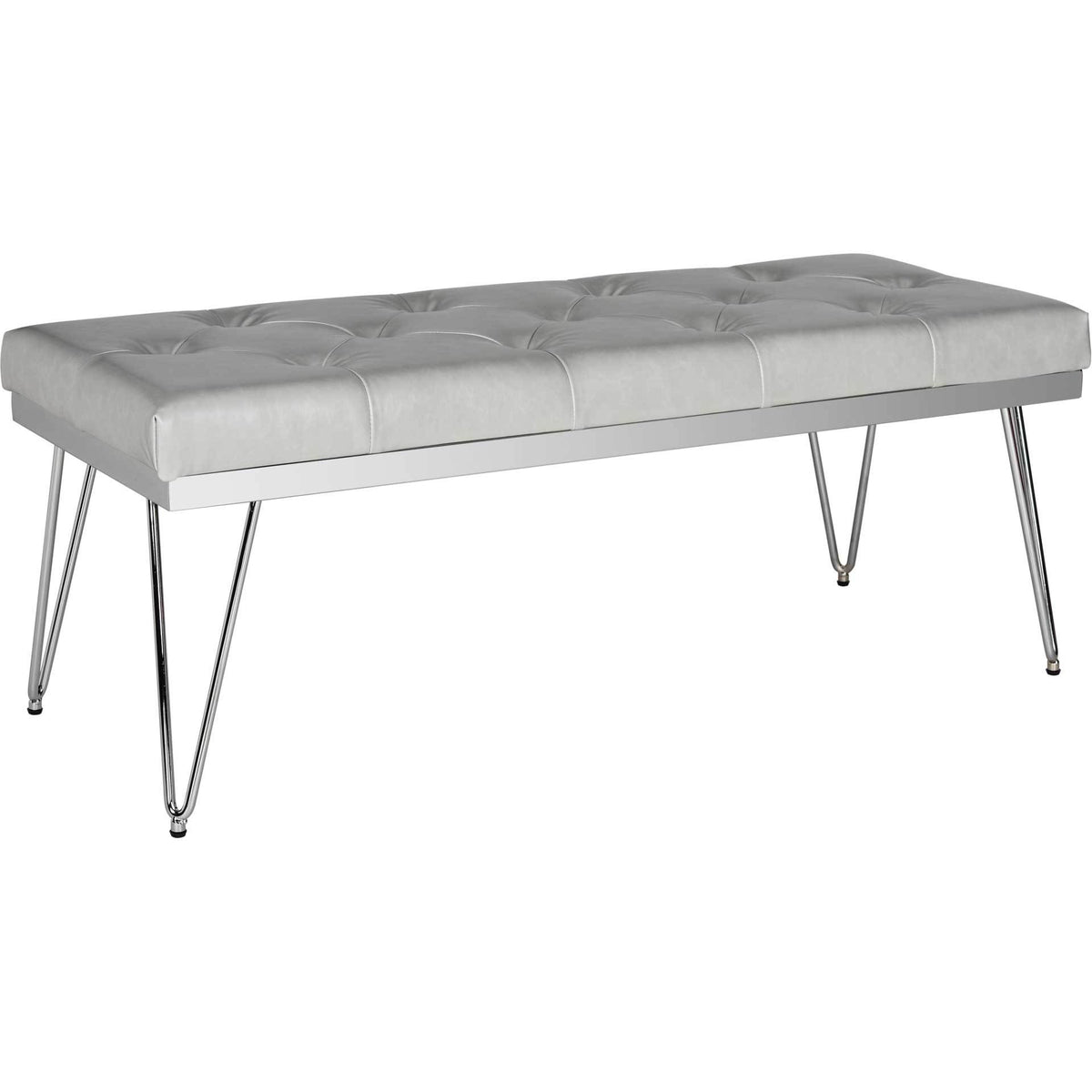 Gray faux leather bench pairs geometric tufting with gleaming chrome hairpin legs. || FOX6224B || front_angle_studio