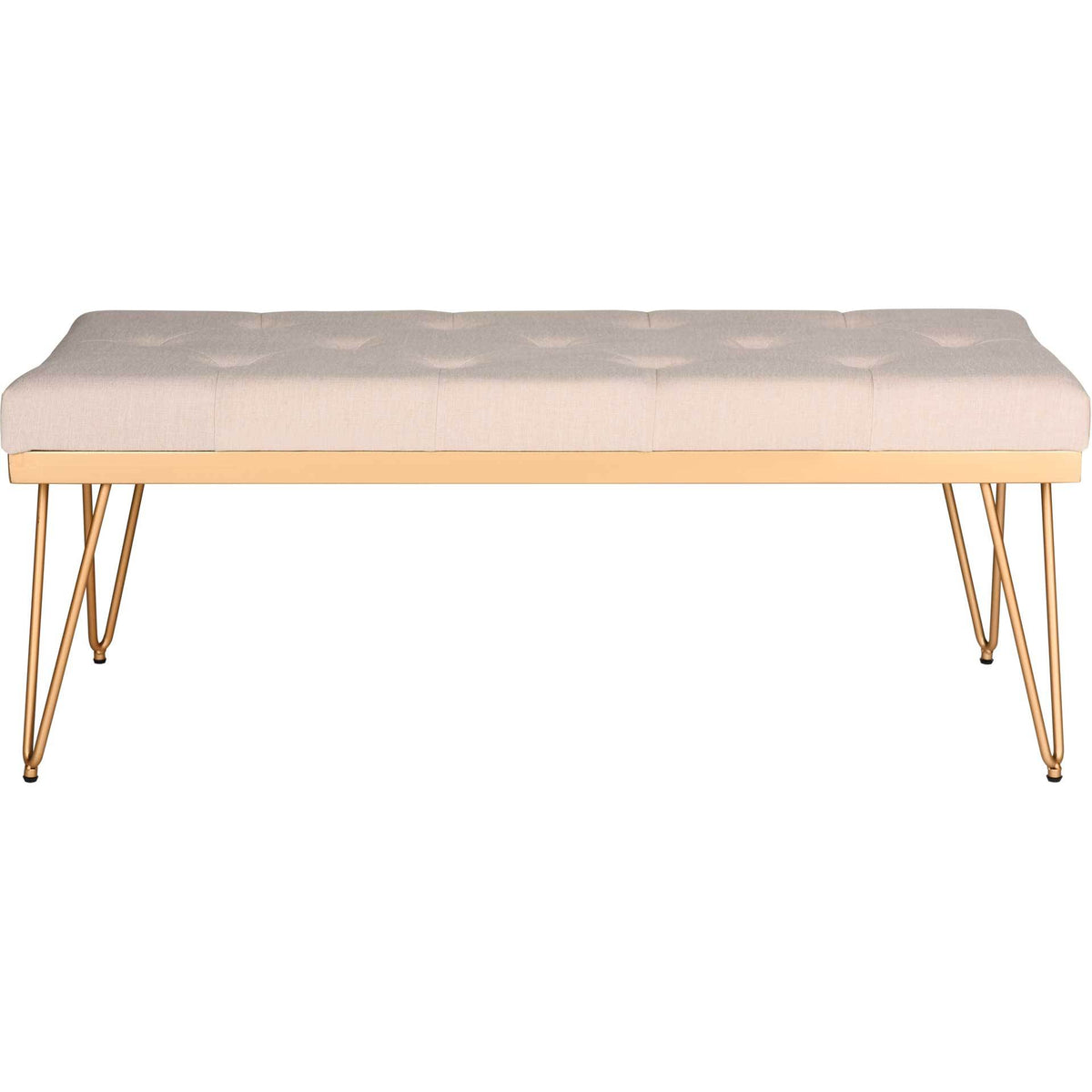 Beige linen bench pairs a gently tufted seat with a gold-toned base and airy metal legs. || FOX6224C || front_studio