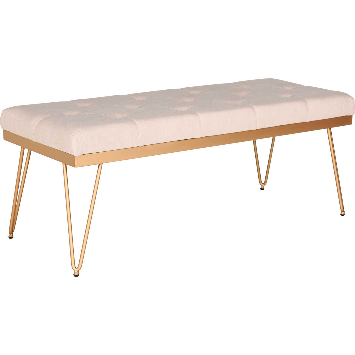 Padded beige linen bench showcases soft tufting, a slim gold frame, and slender hairpin legs. || FOX6224C || front_angle_studio