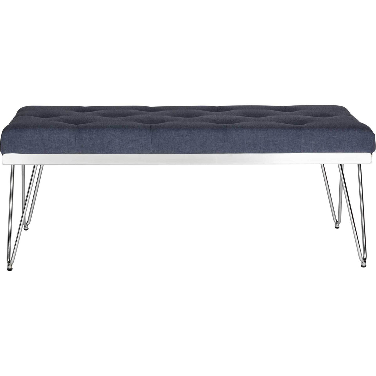 Tufted navy linen bench rests on a polished chrome base with slender hairpin legs. || FOX6224D || front_studio