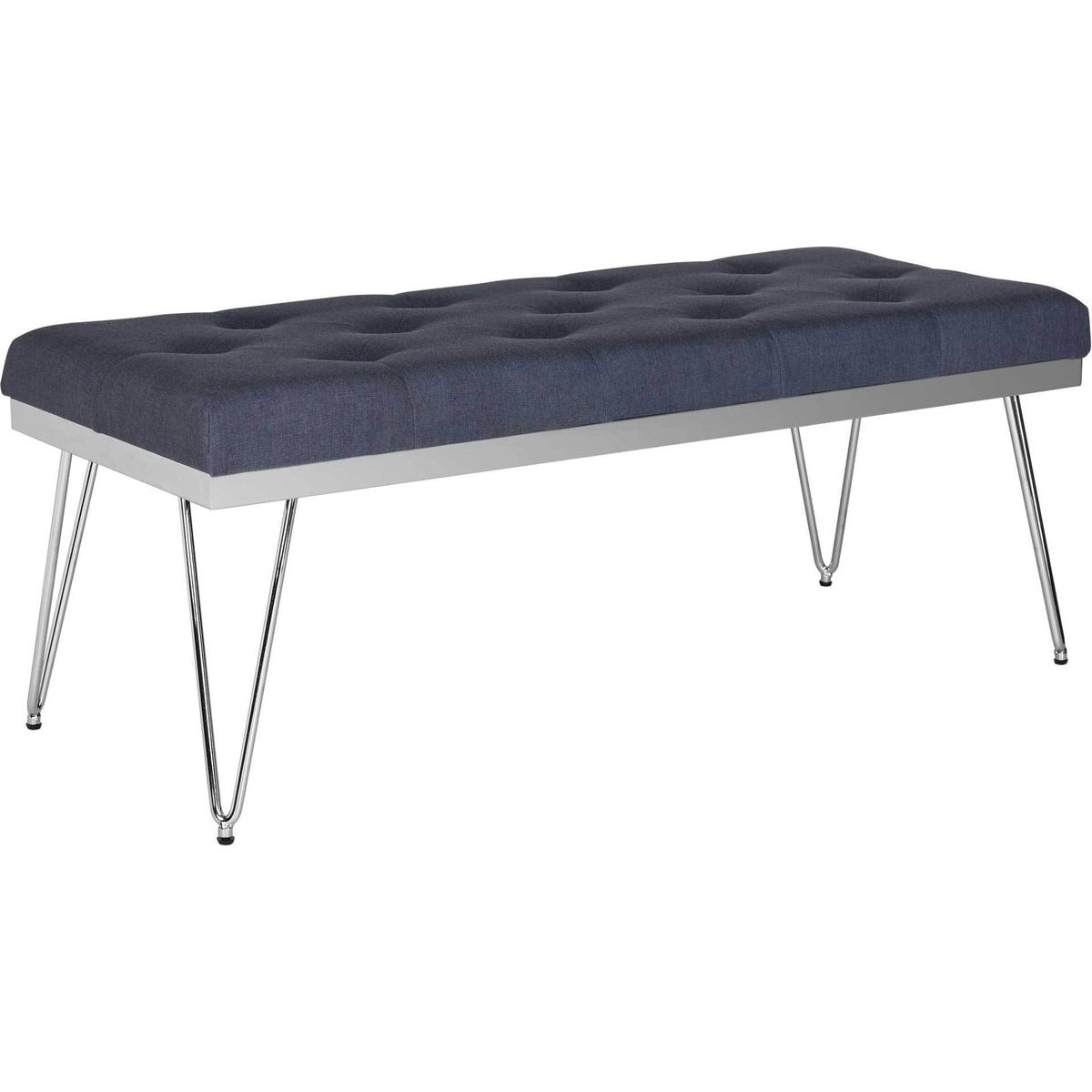 Deep navy linen upholstery and button tufting soften a sleek bench with chrome hairpin legs. || FOX6224D || front_angle_studio