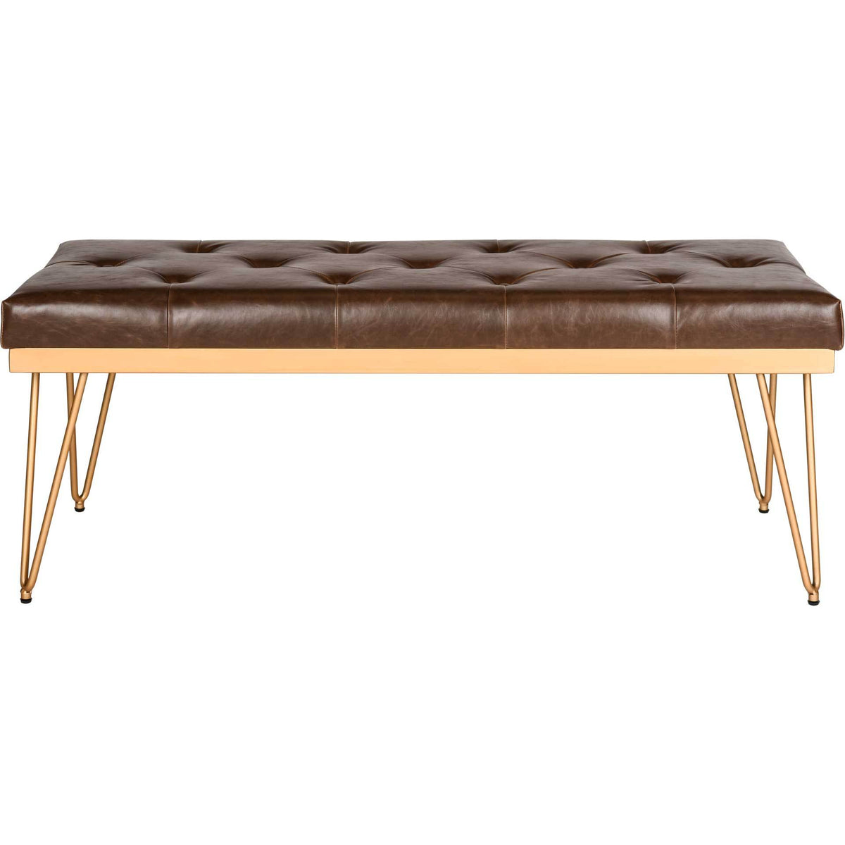 Button-tufted brown faux leather bench stands on a sleek gold base with delicate hairpin legs. || FOX6224E || front_studio