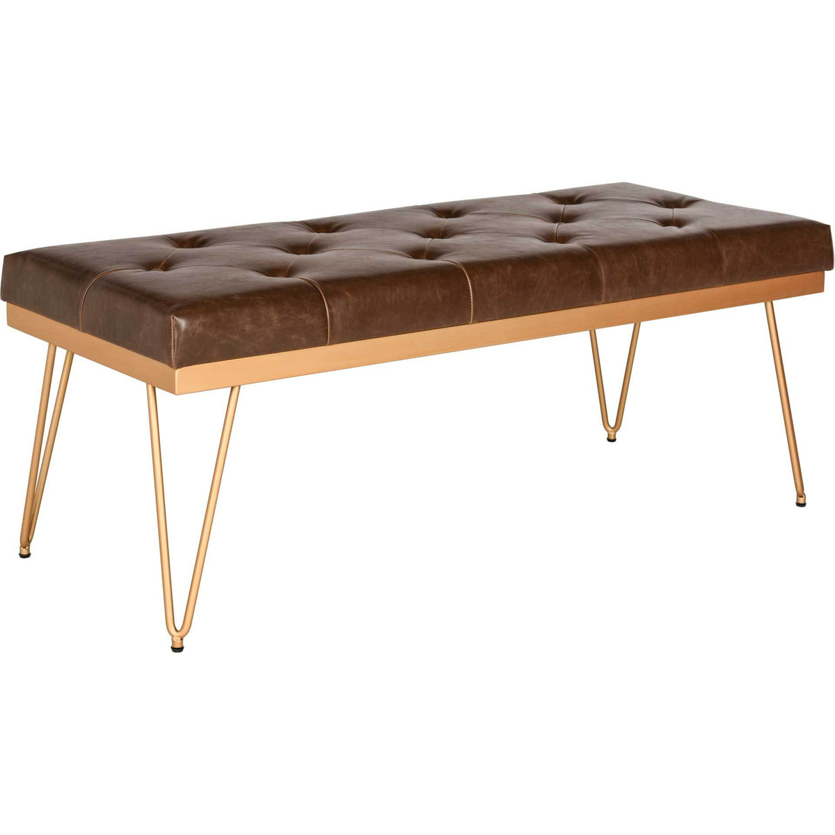 Rich brown faux leather wraps a deep-tufted bench with a slim gold frame and hairpin legs. || FOX6224E || front_angle_studio
