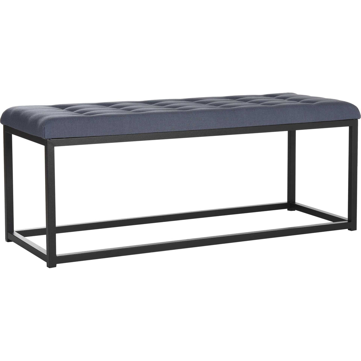 A plush navy linen seat rests on an airy rectangular metal base.