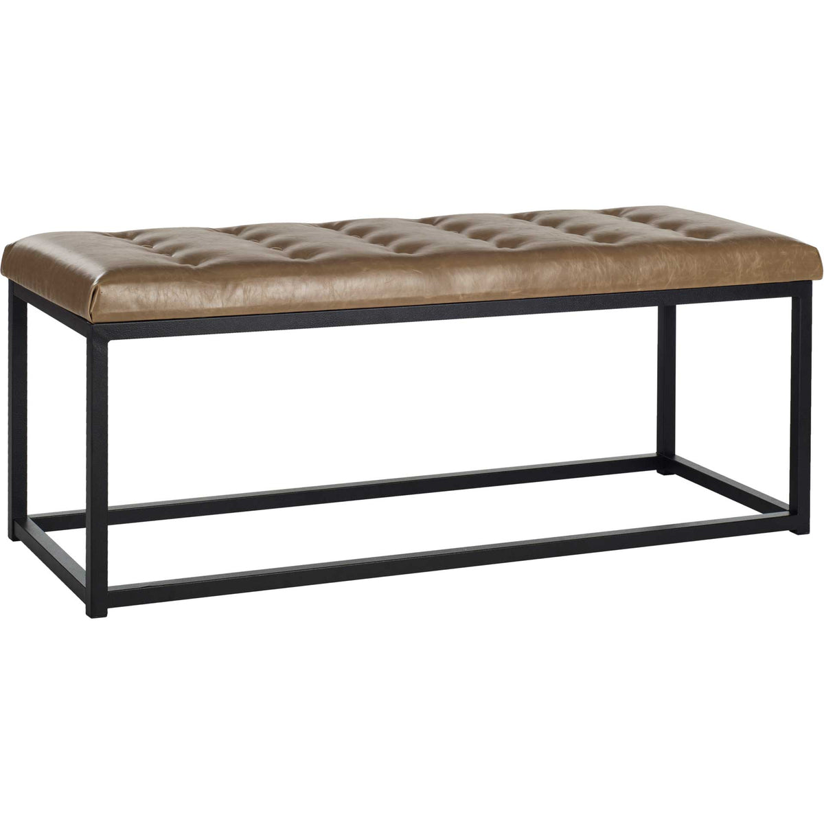 A padded tan seat features deep button tufting above an open metal base.
