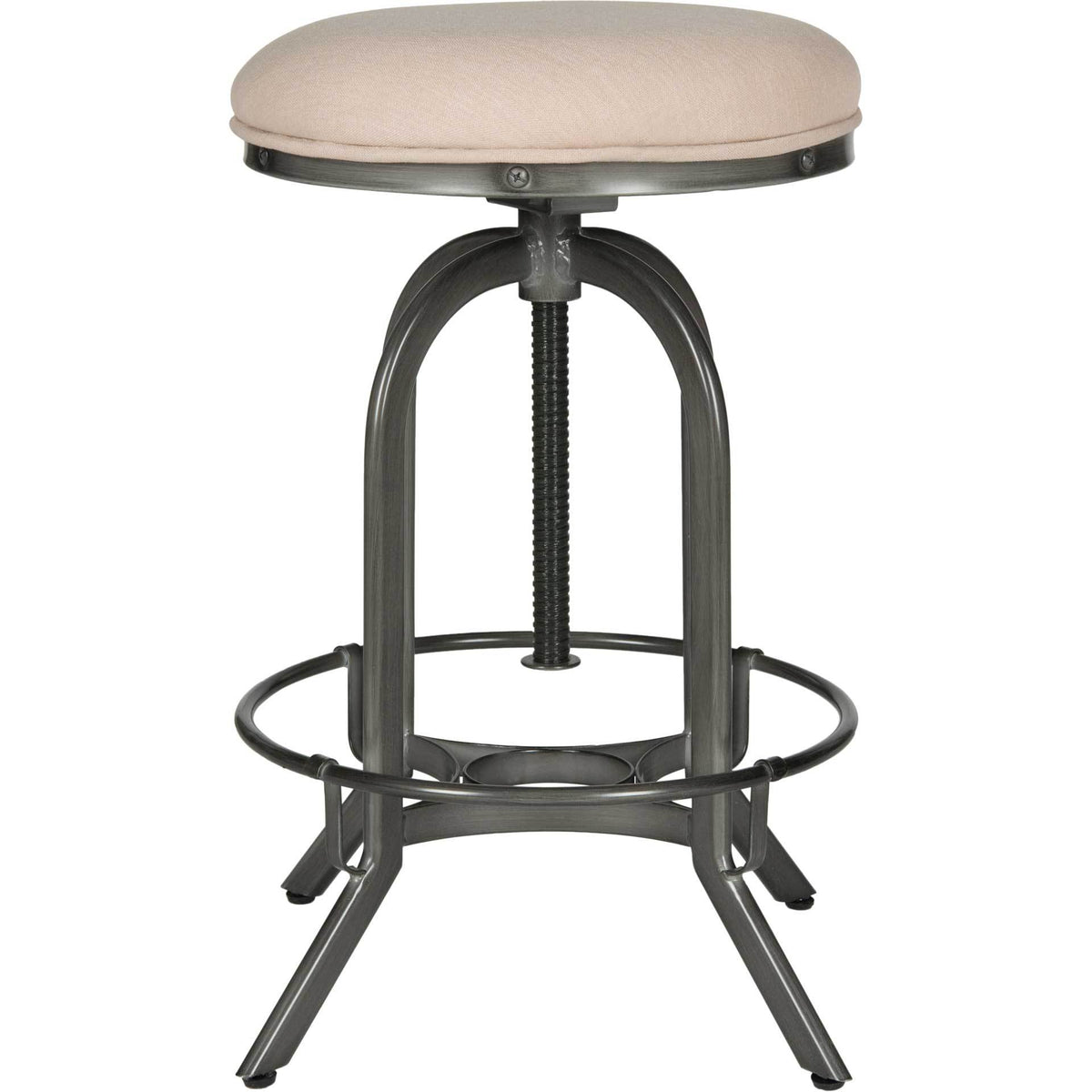 A low-set cushioned seat reveals a threaded spindle and arched iron supports. || FOX6226C || front_studio