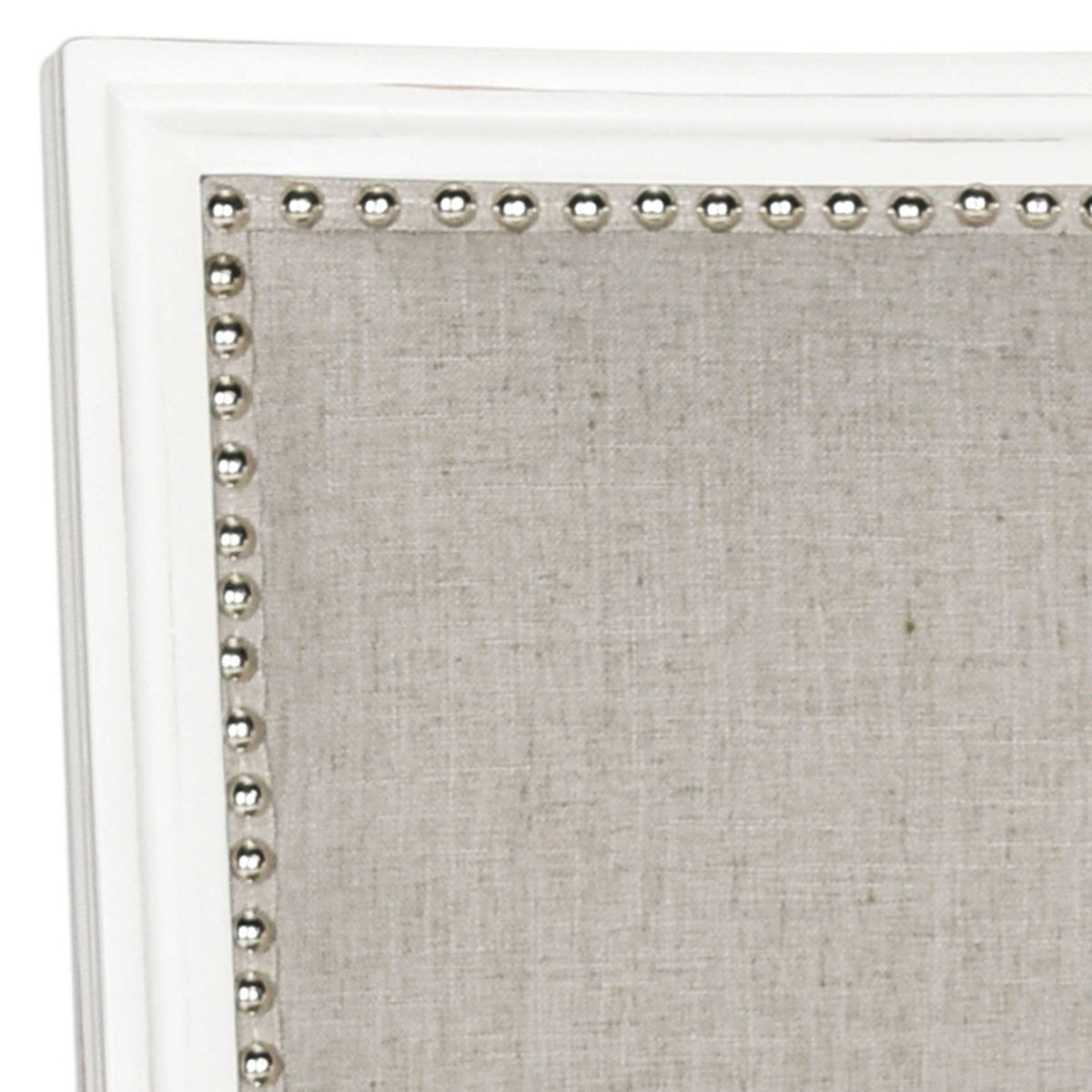 Bright silver nailheads border gray linen upholstery within a cream wood frame.