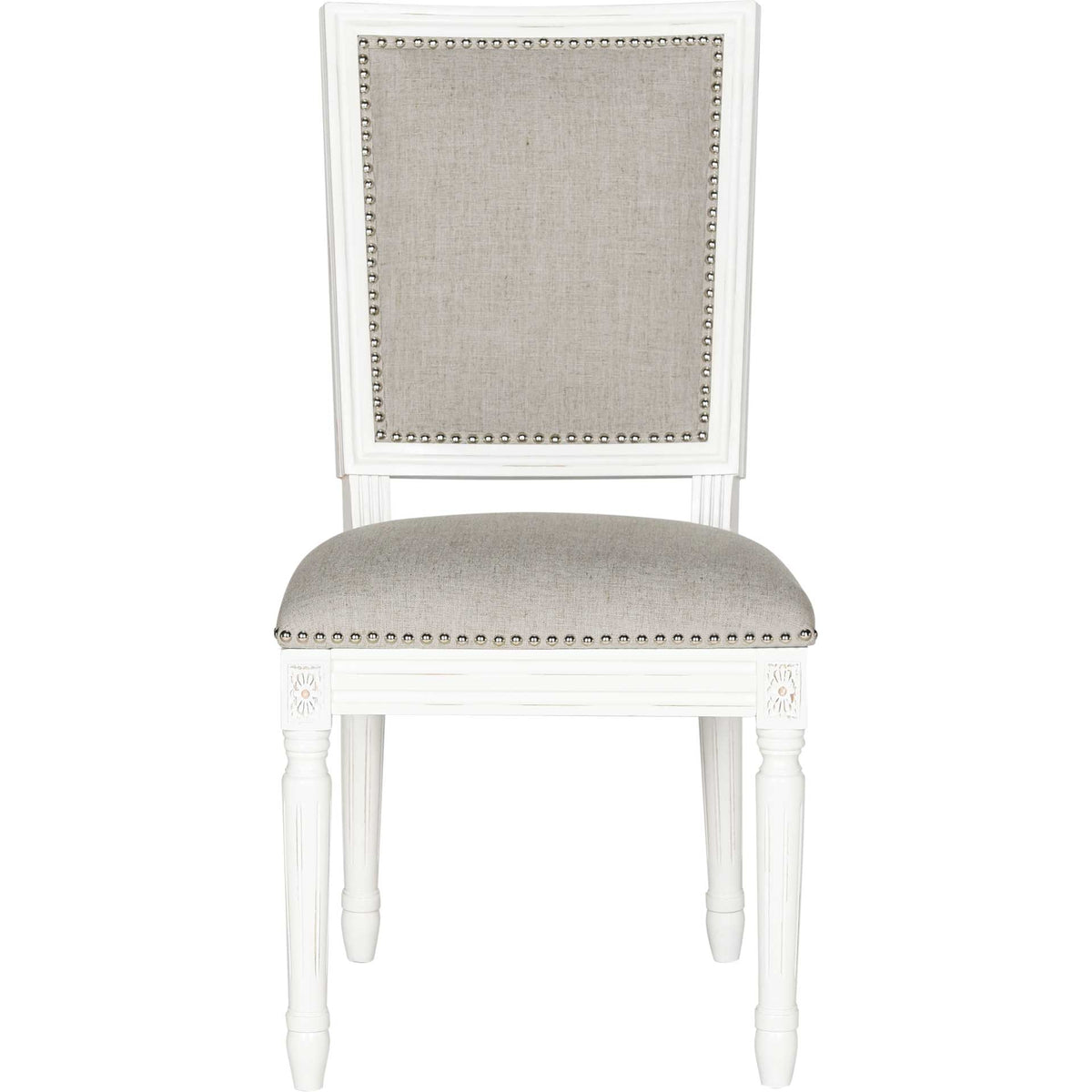 A rectangular linen backrest and plush seat are framed by cream wood and silver nailhead trim. || FOX6229D-SET2 || front_studio