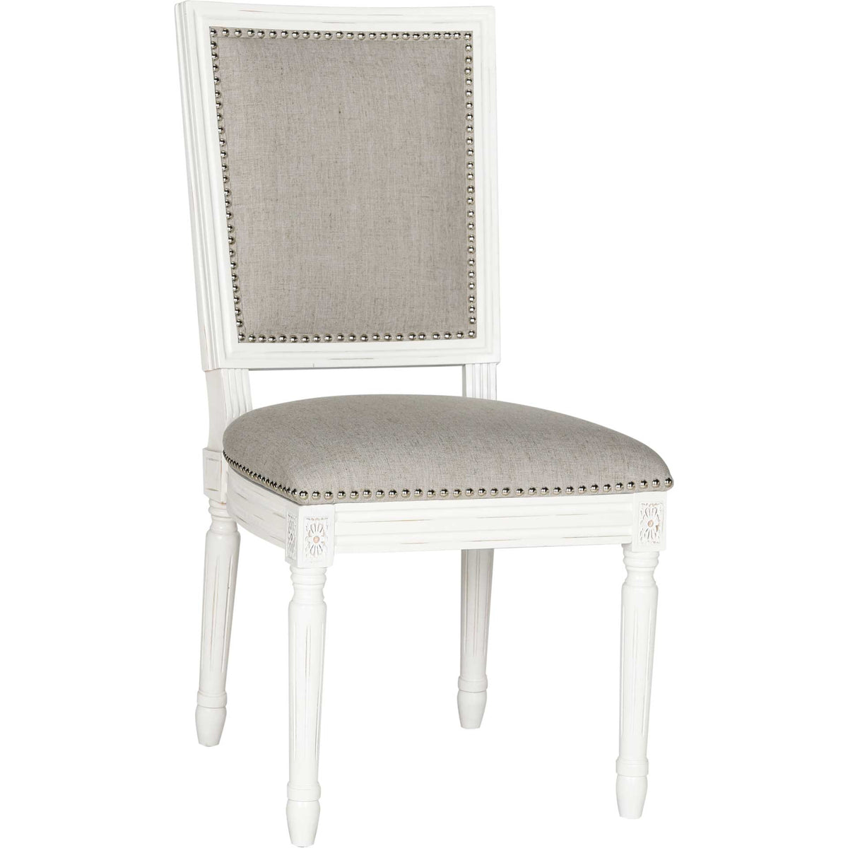 Light gray linen and silver nailhead trim give this cream-finished side chair refined contrast. || FOX6229D-SET2 || front_angle_studio