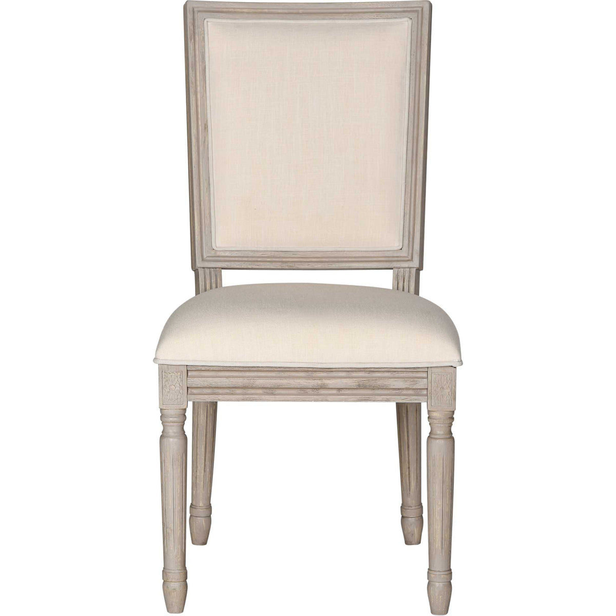A tailored linen backrest and cushioned seat soften the rectangular silhouette and carved wood legs. || FOX6229H-SET2 || front_studio