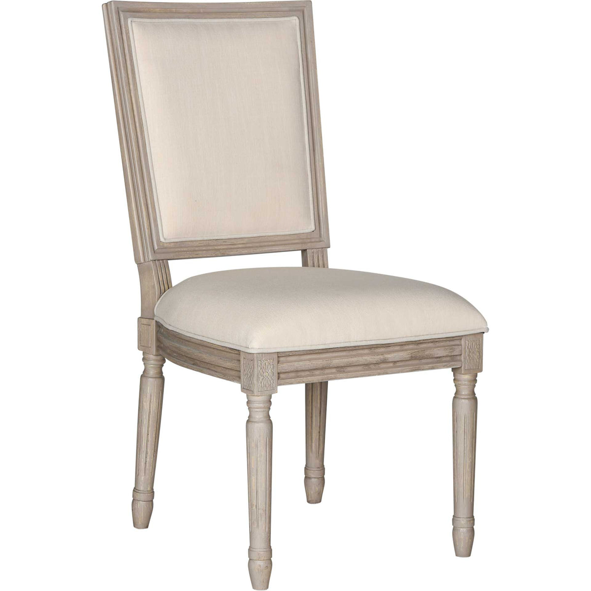 Light beige linen and a rustic gray carved frame lend French-inspired charm to this side chair. || FOX6229H-SET2 || front_angle_studio