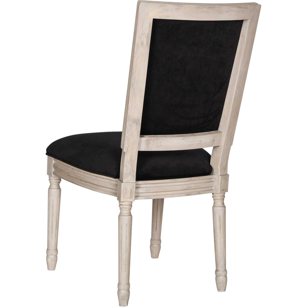 A black velvet backrest sits within a rustic gray wood frame above classic turned legs.