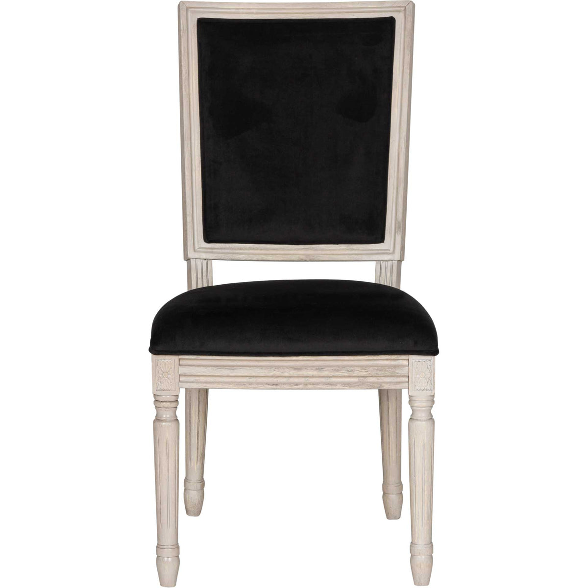 A plush black velvet seat and rectangular backrest contrast with carved rustic gray wood. || FOX6229L-SET2 || front_studio