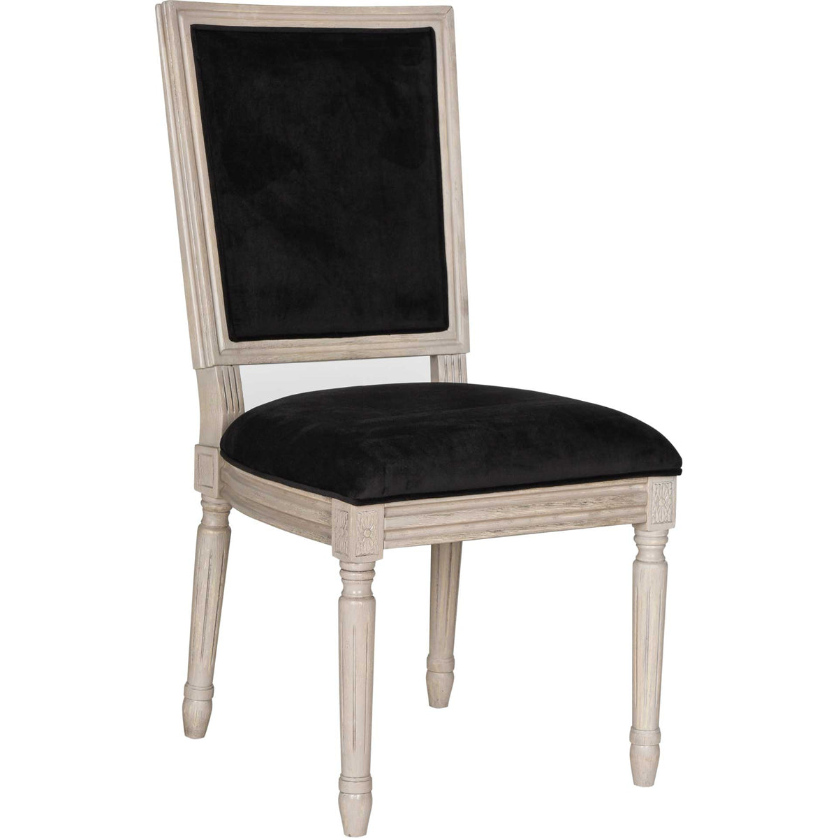 Plush black velvet contrasts with a rustic gray carved wood frame and turned legs. || FOX6229L-SET2 || front_angle_studio