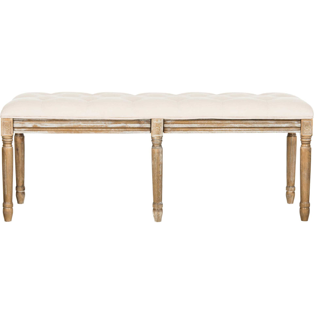 A long beige tufted seat crowns a rustic oak-finished frame with carved corners and turned legs || FOX6231A || front_studio