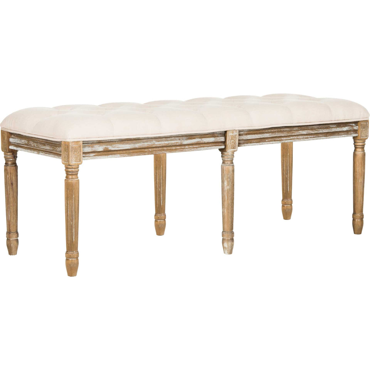 Plush beige linen tufting tops a weathered wood bench with six elegantly turned legs || FOX6231A || front_angle_studio